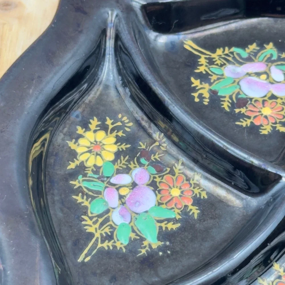 Vtg Japanese Pottery Black Floral Divided Serving Trinket Dish  Square Scalloped